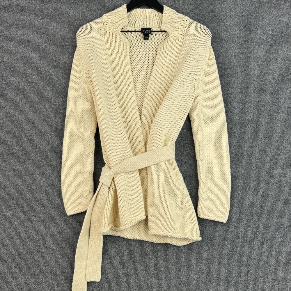 Eileen Fisher Cardigan Womens XS Cream Cotton Chunky Knit Belted Wrap Sweater